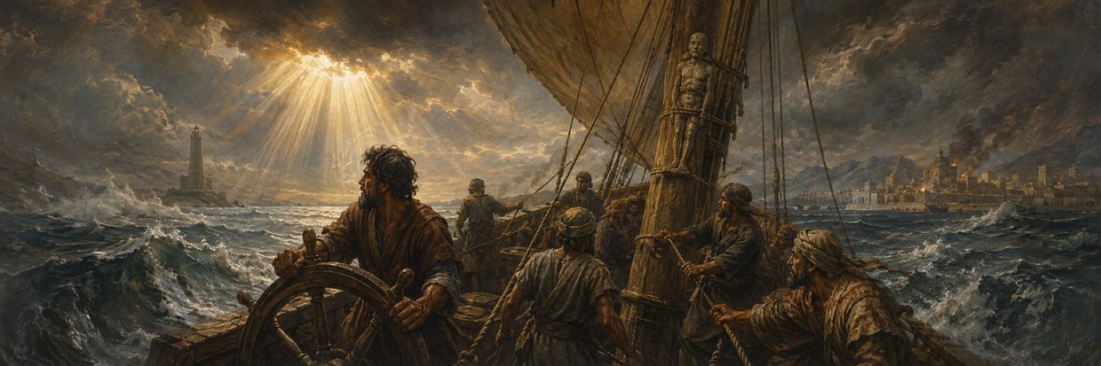 Sailors guide a wooden ship through rough water while a carved figure tied to the mast remains powerless
